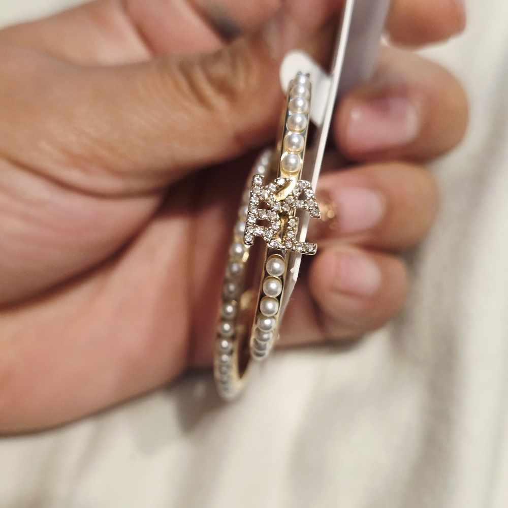 Karl Lagerfield Paris Faux Pearl Hoop Gold Earrings With Karl Crystal Logo - Picture 8 of 9